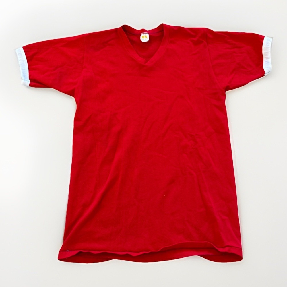 Vintage Russell Athletic Shirt Mens L Mesh V-Neck Football‎ Jersey Blank 70s Red